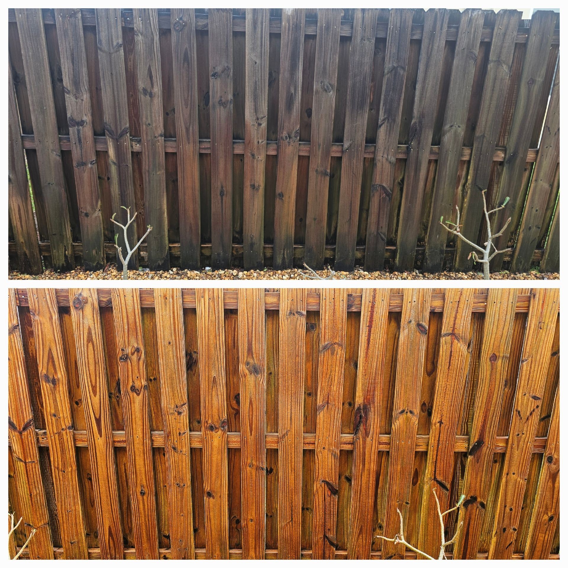 Before and after comparison of a wooden fence, showing weathered to restored condition.