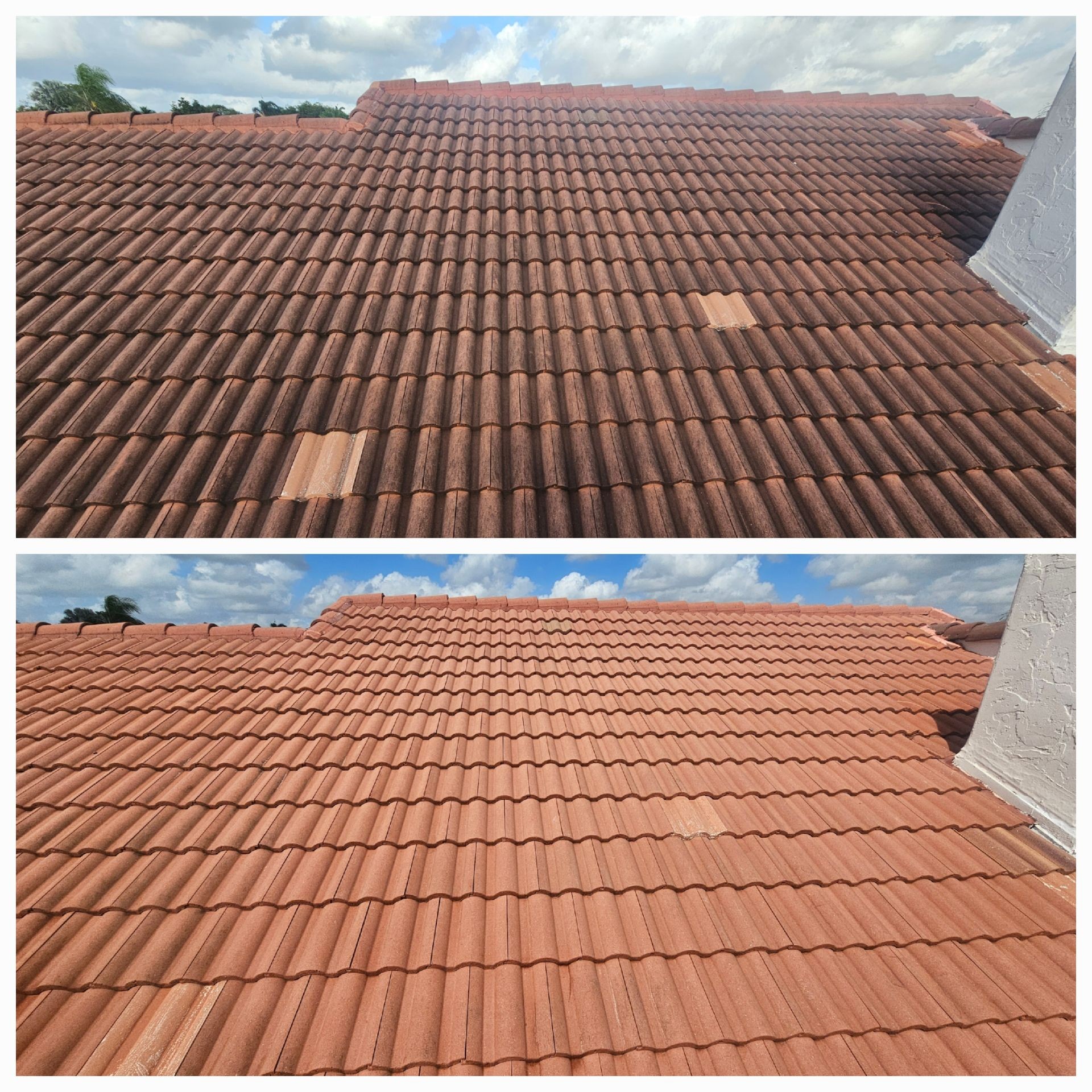 Before and after comparison of a tiled roof with repaired sections under a cloudy sky.